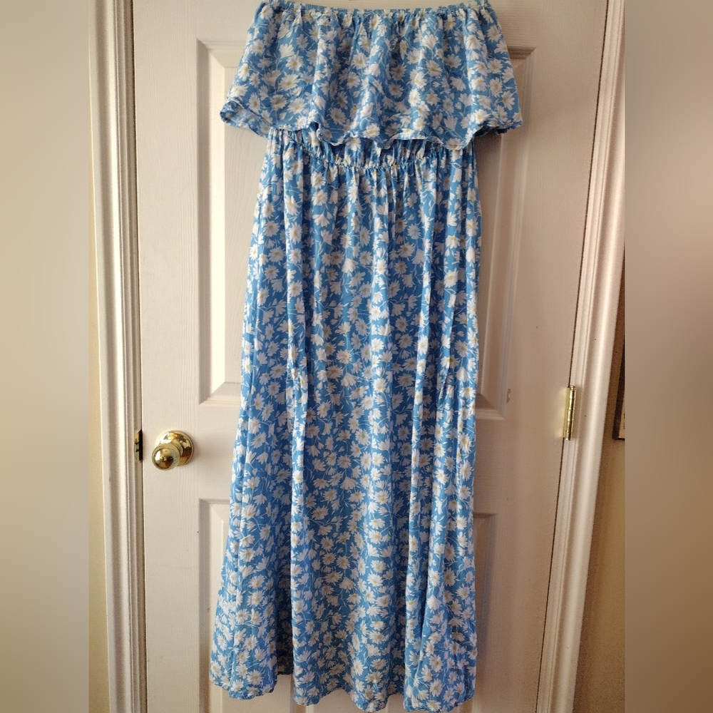 Strapless W/Ruffle Blue Floral Maxi Dress